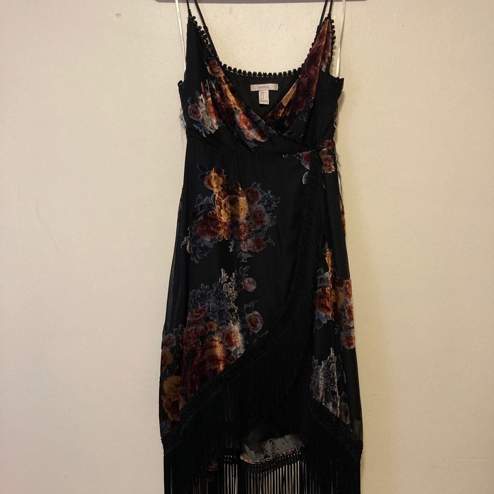 Floral Velvet Flock Printed Wrap Dress with Fringe